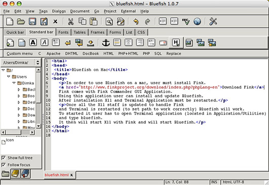 Bluefish editor on Mac OS X